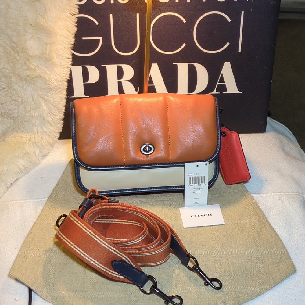 Coach Two-Tone Crossbody Bag in Tan, Cream & Navy with Red Tag